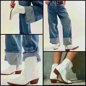 Free People New Frontier Western Cowgirl White Pointed Toe Distressed Boots 39.5